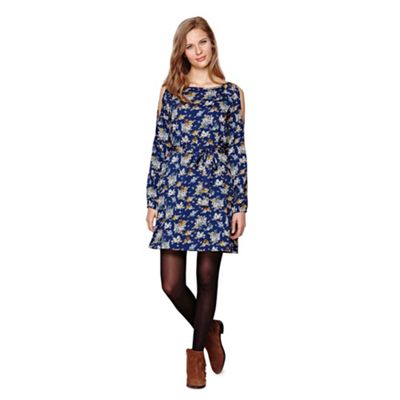 Yumi Blue Cold Shoulder Dress With Floral Print